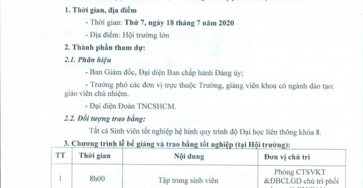 Kế hoạch về việc tổ chức lễ bế giảng, trao bằng tốt nghiệp hệ liên thông chính quy trình độ Đại học tháng 7 năm 2020